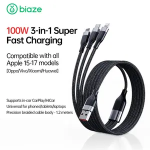 Biaze 100W Fast Charging USB 3-in-1 Data Cable Durable Braided Cable 480Mbps High-Speed ​​Data Transfer Suitable For IPhone 17/16/15 Pro Max, MacBook Pro, iPad, Samsung and Huawei Smartphones