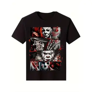 Men's 100%25 Cotton Horror Icons Graphic T-Shirt - Black Short Sleeve Casual Streetwear Tee with Jason, Freddy Krueger & Michael Myers Digital Print - All-Season Comfort