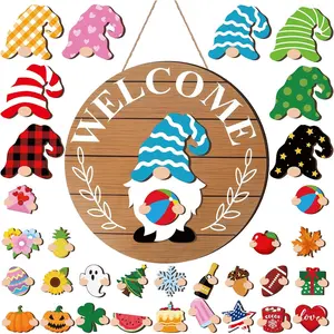 Interchangeable Wooden Gnome Decor Holiday Seasonal Gnome Decorations with Magnet Pieces and Detachable Hats Changeable Welcome Sign for Home(Simple Style)