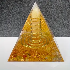 Citrine Double Terminated Orgone Pyramid – Copper Wire Crystal Healing for Office Wealth Attraction, Feng Shui Energy Balance Desk Decor, Spiritual Gift