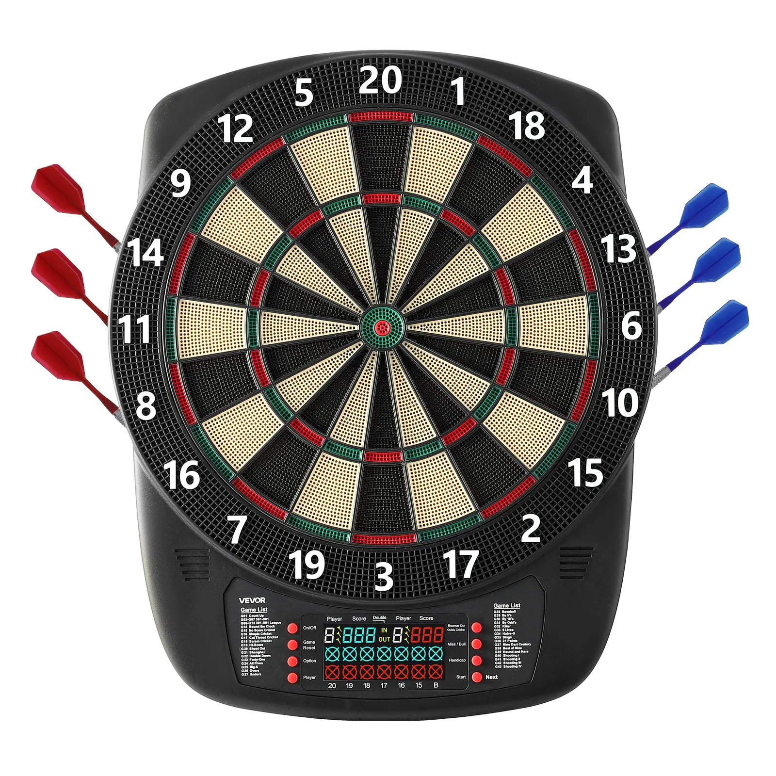 VEVOR Electronic Dart Board - 13.5in Target Dartboard with 43 Games, 200+ Variations, 6 Dart Shafts with Flights, 50 Soft Tips, Color LCD Scoring Screen, 1 USB Power Cable, Wall Mount for Family Gathering, Home Parties (All Ages, Up to 8 Players)