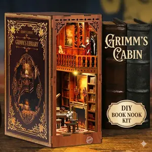 Grimm's Library DIY Book Nook Kit - 3D Wooden Miniature Bookshelf Insert, Vintage Cabin Diorama Bookend, Home Decor Ornament