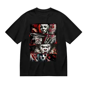 Horror Movie Villains Collage Graphic Tee - Retro Slashers Oversized Shirt for Men Women, Halloween Fan Casual Streetwear Top