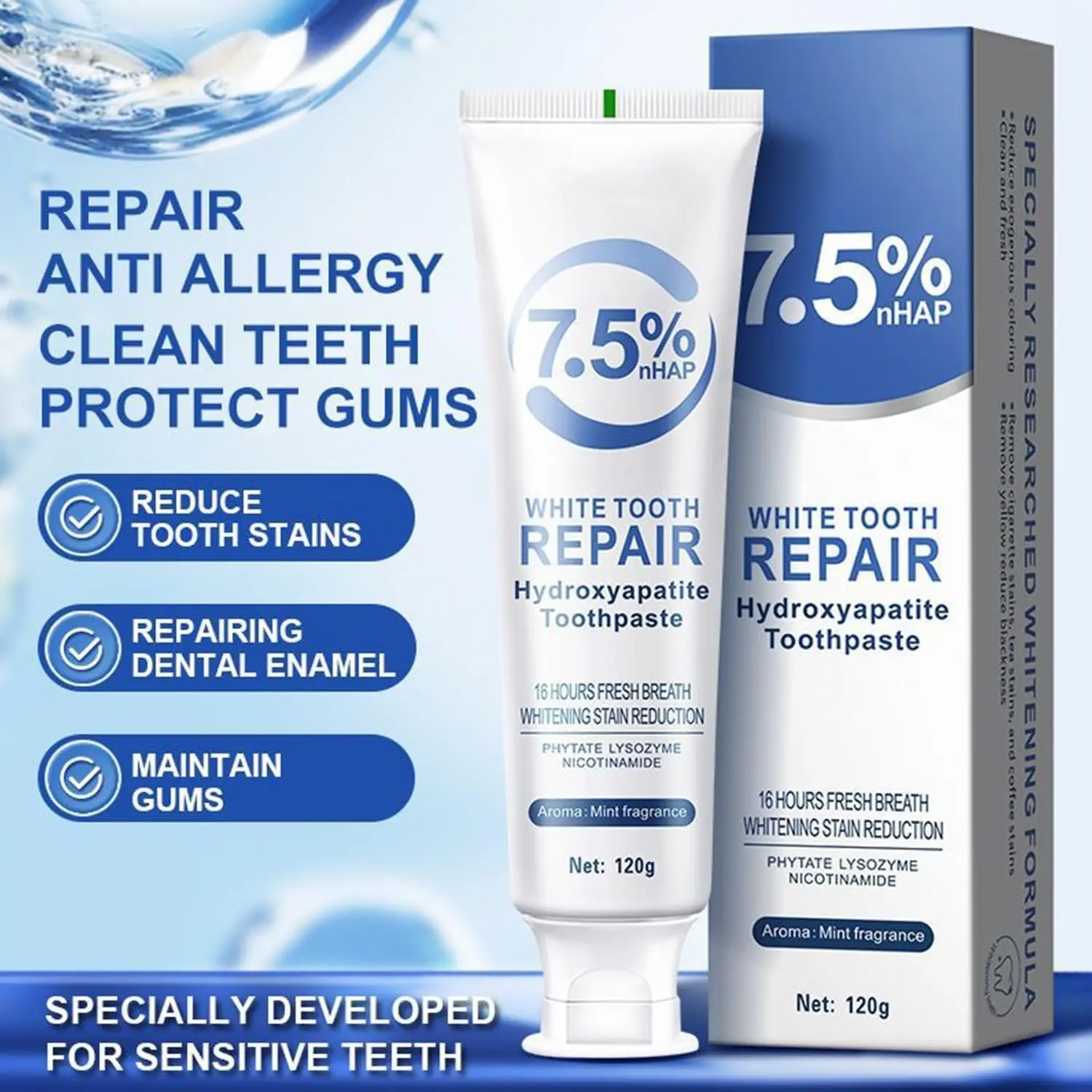 7.5% Hydroxyapatite Toothpaste, Fluoride-Free Toothpaste with Mint Flavor, Everyday Oral Care Formula, Fresh Breath Toothpaste, Gentle Cleaning for Daily Use