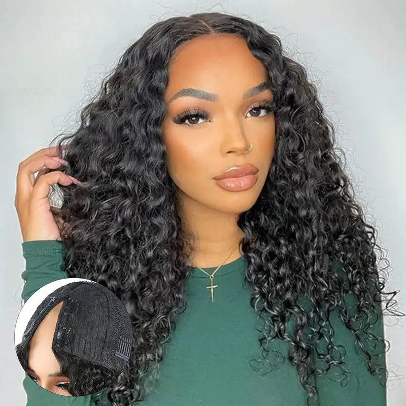 Bling Hair V Part Wigs Deep Wave With Invisible Strap Drawstring 100% Human Hair Glueless Wig Deep Wave Natural Hairline Beginner Friendly 180% Density Curly Wigs For Women Natural Black