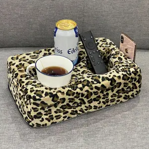 Couch Cup Holder Pillow, Couch Drinks Remotes Holder for Center of Couch, for Sofa, Bed, RV,  (Leopard)