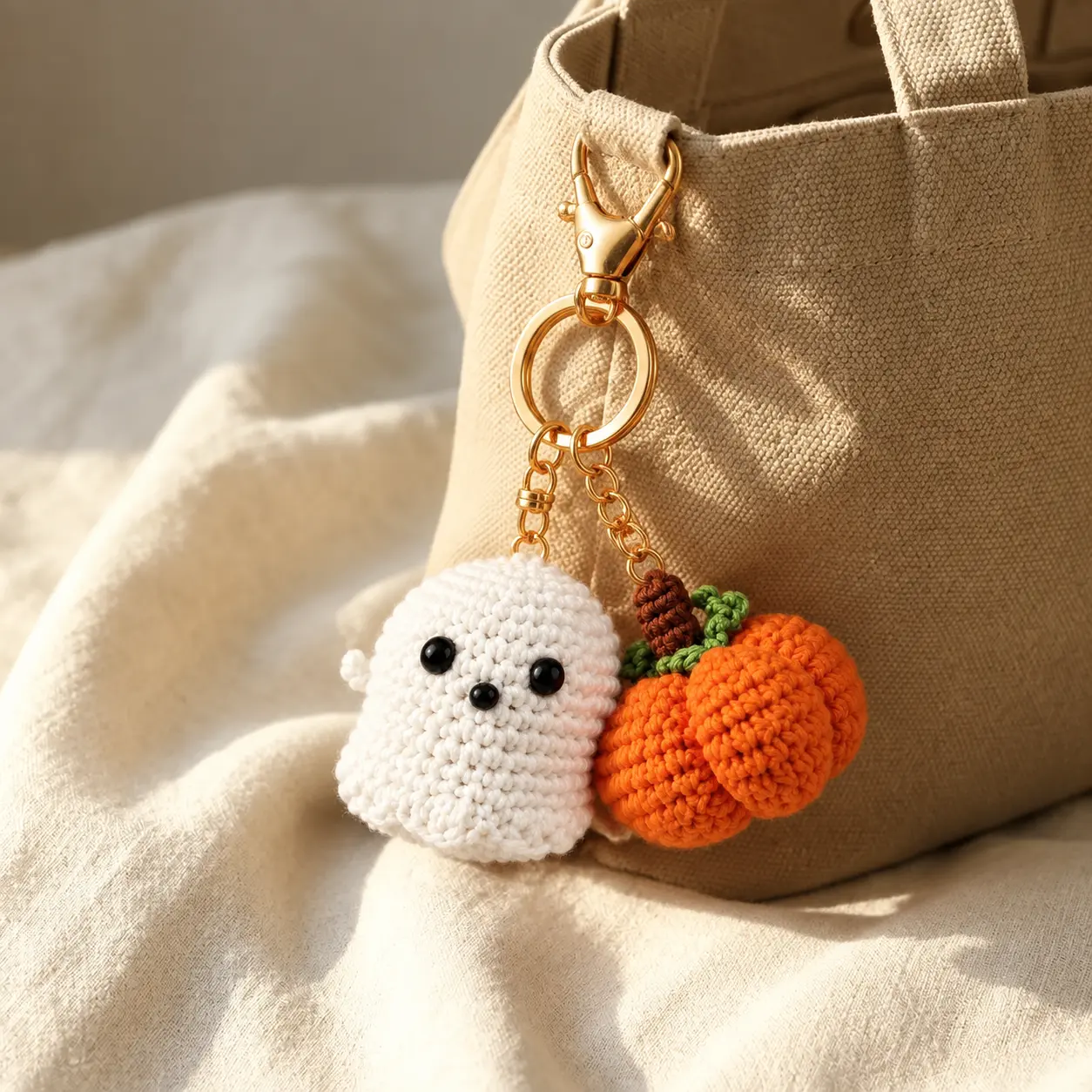 Handmade Crochet Ghost & Pumpkin Keychain, Cute Halloween Fall Spooky Season Bag Charm Ornament Amigurumi, Keychain Accessories, Cute Bag Accessories