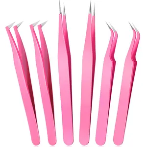 6-pack Eyelash Extension Tweezers, Precision Stainless Steel Straight Curved Lash Tweezers Set for Professional Eyelash Extension Artists, Girls, Women, Beginners, Crafting Making Kit(Pink)