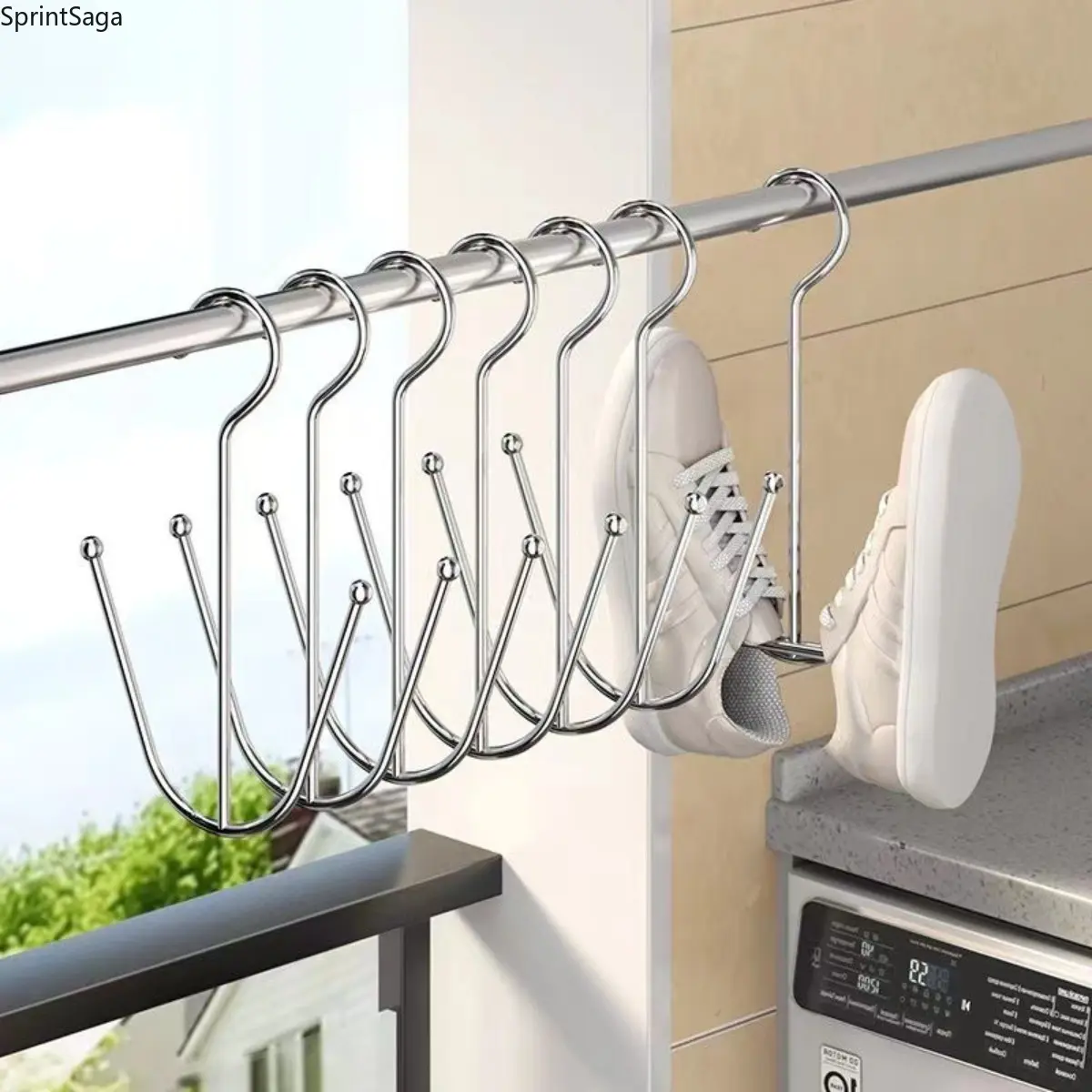 Compact Stainless Steel Shoe Rack, 5-Piece Wall-Mounted Set - Quick-Drying Hanging Organizer with Self-Adhesive Hooks for Easy Storage, 5 Pieces, Hallway Rack, Easy Shoe Storage, Functional Hook, Solid Metal, Durable, Shelf