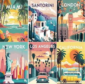 6 pieces 5D City Landscape Diamond Painting Kit - Miami London NY Art, Full Drill Round Rhinestone for Home Decor