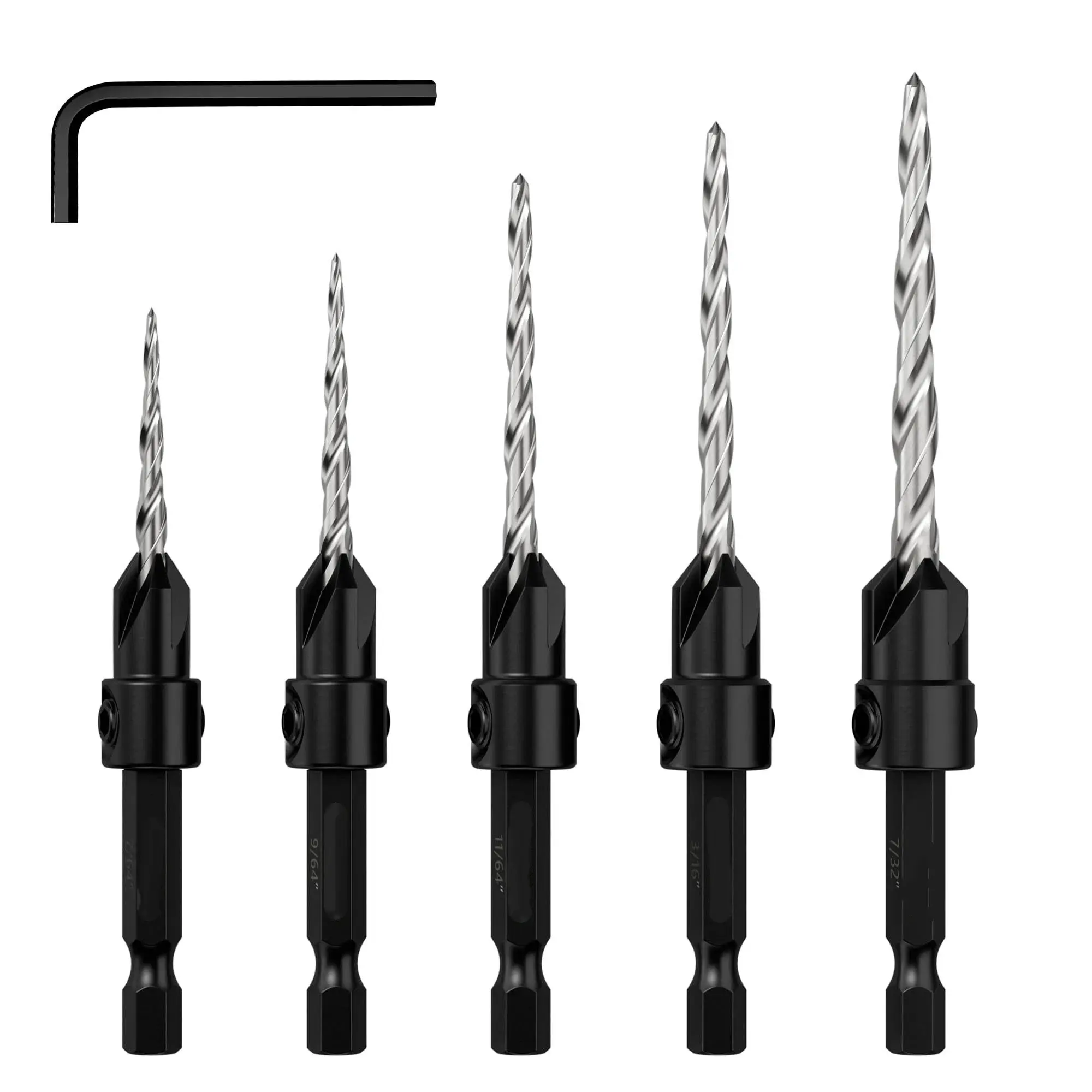 Countersink Drill Bit Set 5 Pc Wood #4 #6 #8 #10 #12 Tapered Drill Bits | Sharp Countersink Drill Bits for Wood Working Sets. Includes Smooth Counter Sink Drill Bits Tools for Wood Project Needs