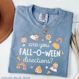 Comfort Colors Are You Fall-O-Ween Directions? T-Shirt, Cute Ghost And Pumpkin Graphic Tee, Funny Candy Corn Halloween Shirt, Cozy Fall Outfit Gift For Women