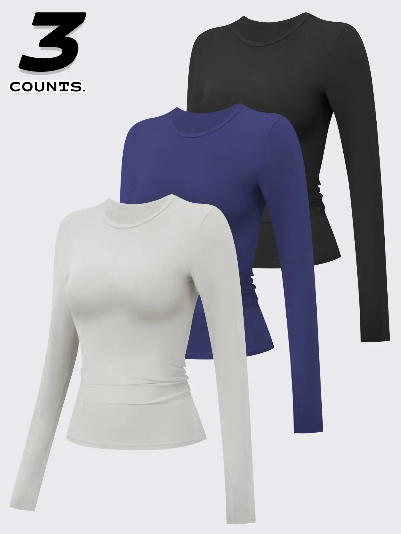 Women's Compression Long Sleeve Tight-Fit Tops, 3-Pack Yoga Round Neck T-Shirts, Gym Fitness Clothing, Stretchy Activewear, Fitness Apparel, Activewear Clothes