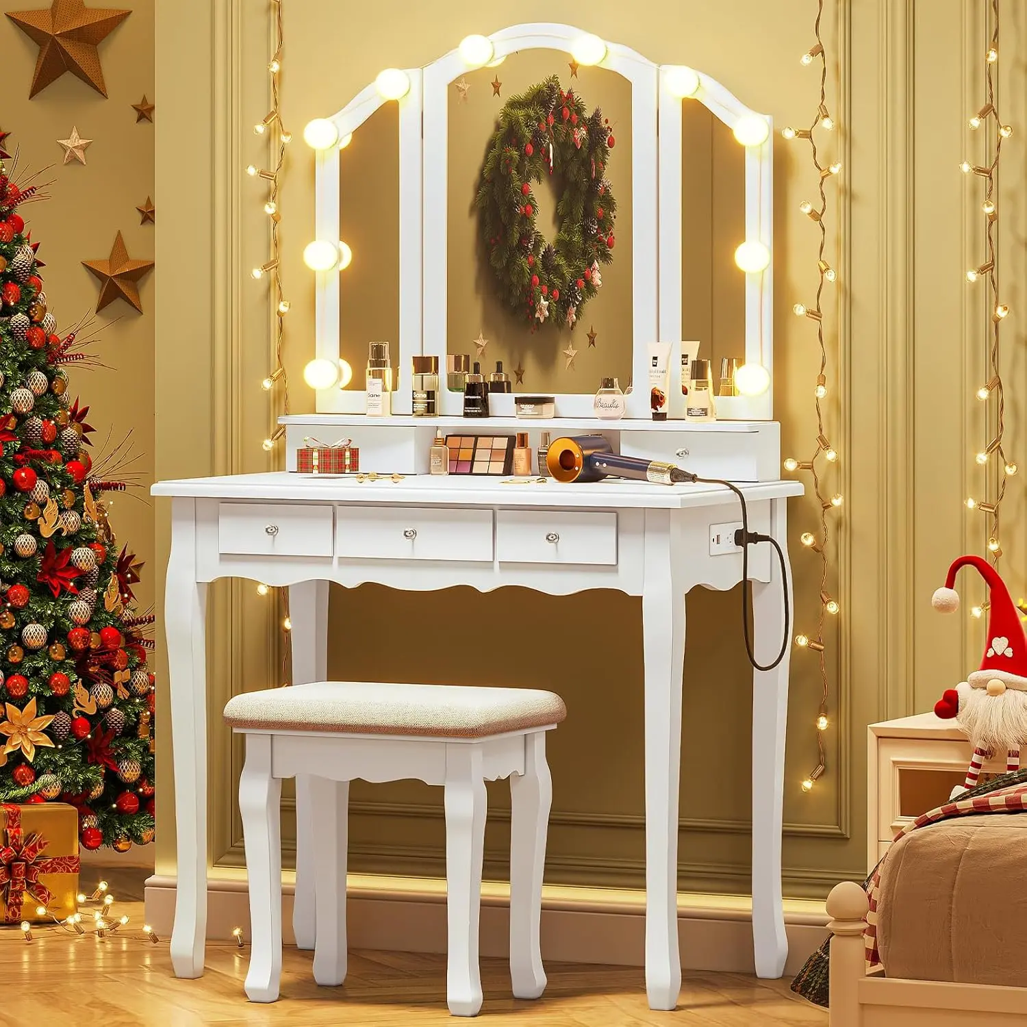 SIKAIC Modern Makeup Vanity Set with Stool, LED Lights, Charging Station, Trifold Mirror, Necklace Hooks, Organizer Storage, White Stand-Alone Stylish Drawer-Style Makeup Vanity Desk for Bedroom, Mother's Day Cosmetics Gift, Stylish Makeup Vanities
