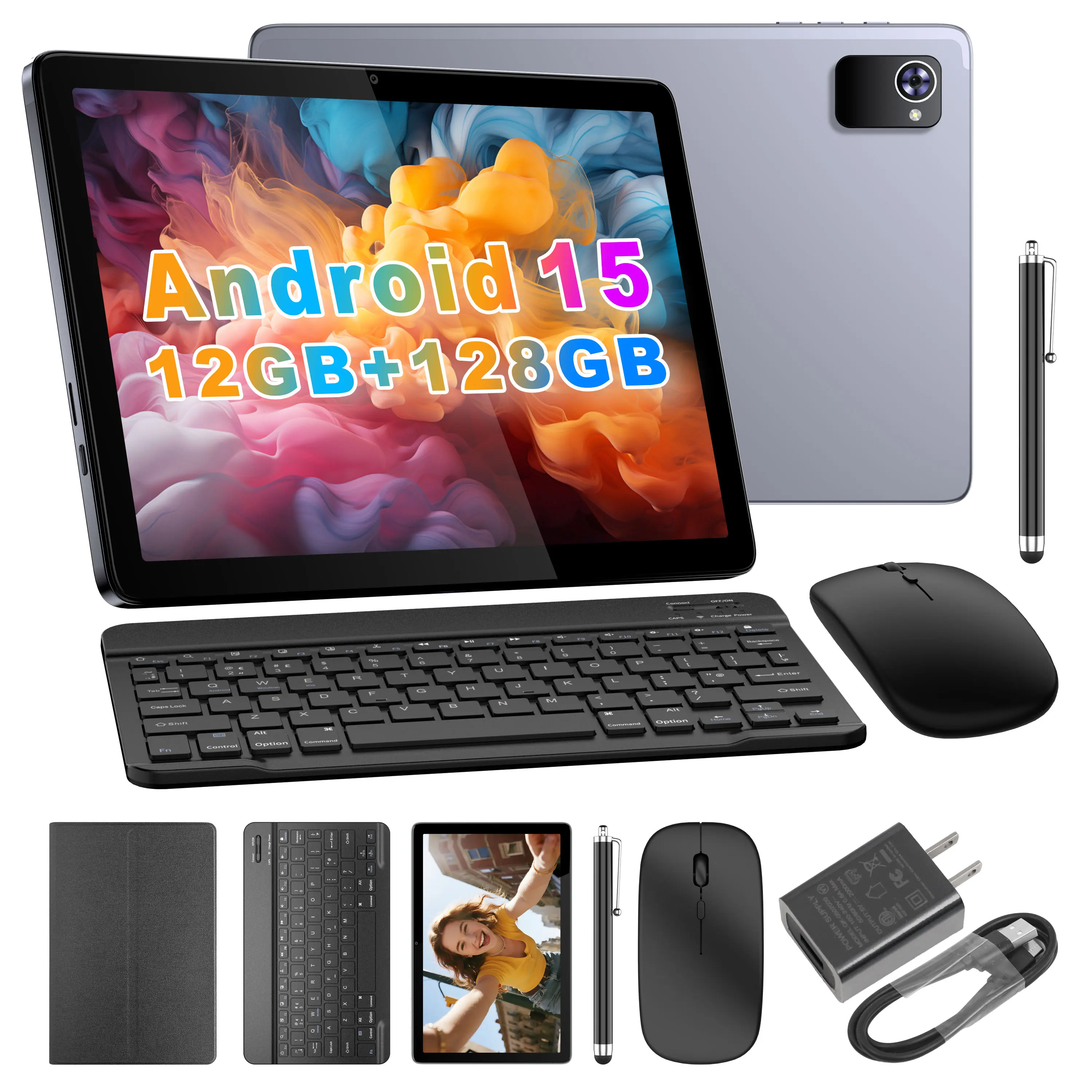 BYYBUO 10.1in LCD Touchscreen Android 15 Tablet Set with Case, Wireless Bluetooth Keyboard, Mouse & Stylus - 12(3+9)GB+128GB Octa-Core, 5MP Front/13MP Rear Dual-Camera, Wireless Connection, Ideal for Outdoor Use & Gifting