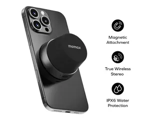 MOMAX Magnetic Portable Wireless Speaker Portable Wireless Speaker, TWS Stereo Sync Phone Holder 360° Surround Sound Audio Smartphone speaker phone Mini Bluetooth Waterproof Shower Speaker