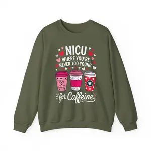 Men's NICU "Never Too Young for Caffeine" Ribbed Knit Fitted Casual Crewneck Sweatshirt, Neon Pink Coffee Cups Tops
