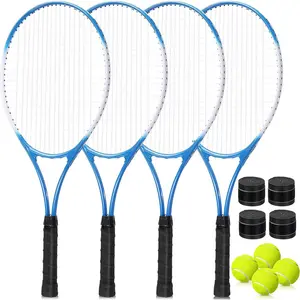 4 Pack 27 Inch Pre Strung Lightweight Tennis Rackets for 4 Adult Recreational Players Bulk with Balls Overgrips for Training