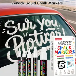 5 Pack White Chalk Markers for Cars Glass Washable,Liquid Chalk Pens with Nib Sizes (1,3,6,10,15mm),Ideal for Use at Home,School,Office,Erasable,Dust-Free,Non-Toxic