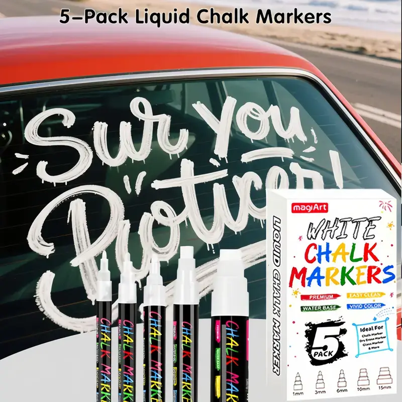 5 Pack White Chalk Markers for Cars Glass Washable,Liquid Chalk Pens with Nib Sizes (1,3,6,10,15mm),Ideal for Use at Home,School,Office,Erasable,Dust-Free,Non-Toxic