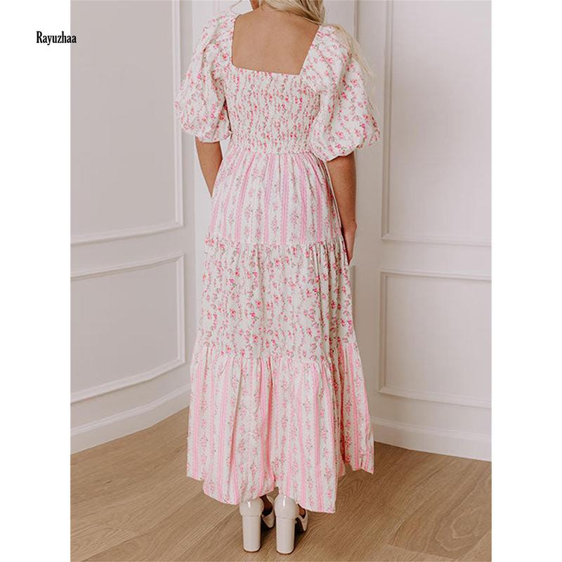 Women Long Dress Floral Print Square Neck Short Sleeve Dress Summer Fashion Casual Dress Check Light Polyester Womenswear