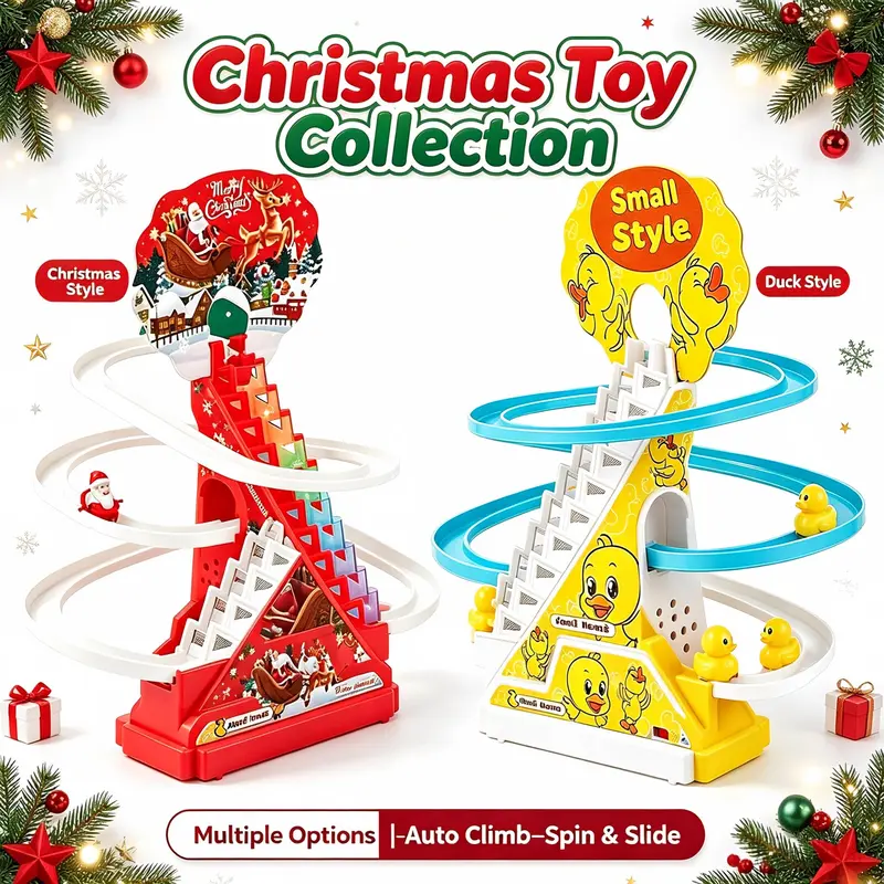 Electric Duck Climbing Rollercoaster Kids Toy Set - 9 Interlocking ABS Plastic Track Blocks, LED Lights, Music Chasing Race Game, Unisex Cool Gifts for Kids, 9 Duck Race Music & LED Fun Electric Toy