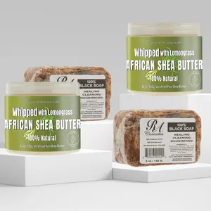 RA Cosmetics Whipped Shea Body Butter 12oz x 2 & African Black Soap 5oz x 2 Bundle Plant Based Skin Repair Set