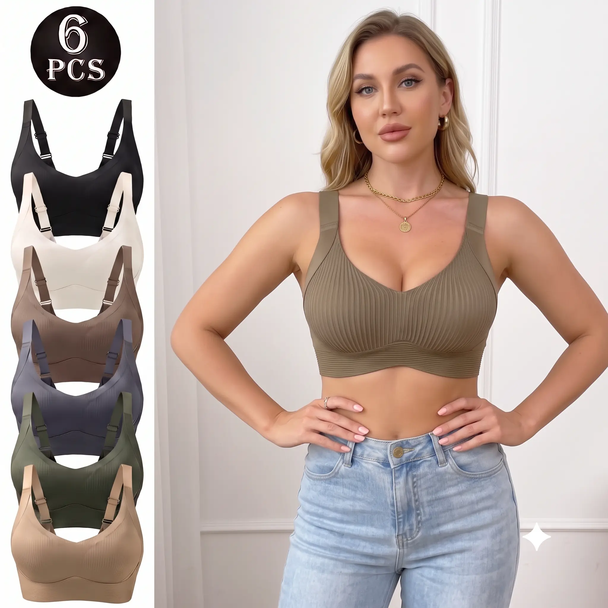 6PCS Women's Seamless Wireless Bras Set,Tshirt Bra natural lift V‑Neck Full Coverage Bralette with Back Smoothing, High‑Stretch Breathable Fabric, Adjustable wide Straps Removable Pads, Light Support for Yoga Daily Everyday Lingerie Womenswear Lightweight