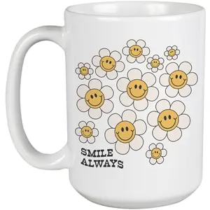 Smile Always with 90s Retro Flower with Smile Art Merch Gift, White 15oz Ceramic Mug