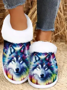 Women's Cozy Wolf Dreamcatcher Slippers, Soft Fuzzy Indoor Outdoor Winter Warmth, Non-Slip Rubber Sole, Artistic Wolf Print, Perfect Gift