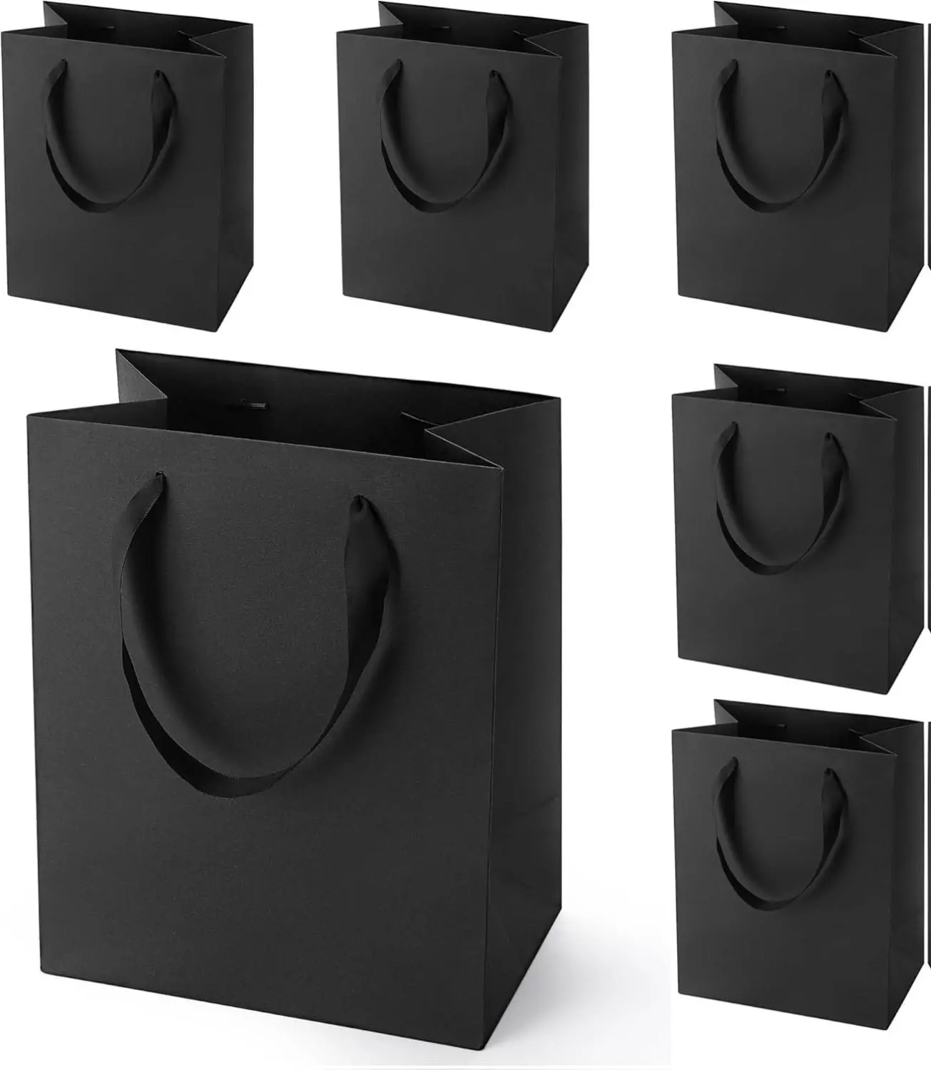 Black Paper Gift Bags with Handles - 8x5x10 in, 6pcs Medium Bulk Set for Party, Birthday, Wedding Supplies, Easy Carrying, 8X5x10 Inch
