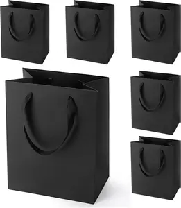Black Gift Bags With Handles: 8x5x10 Inch 6pcs Black Paper Gags Medium Bulk For Party Shopping Birthday Wedding Anniversary Box