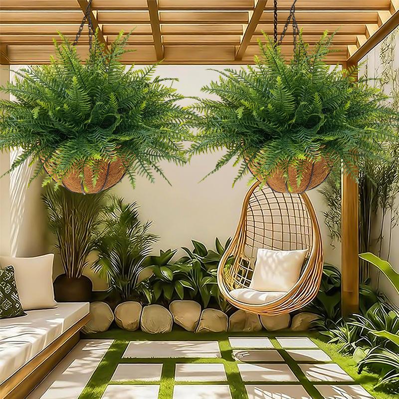 2 Set Artificial Hanging Fern Plants Outdoor Fake Hanging Ferns Planter, Includes Hanging Flower Basket And Artificial Fern, UV Resistant Faux Fern Plant Basket For Outdoors Patio Garden Home Decor