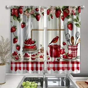 2pcs 2D Flat Printing Red Table Decor, Strawberry Pattern Warm and Cozy Machine-Washable Easy-Care Polyester Curtains for Kitchen Dining Farmhouse Small Windows Room Decor Curtain