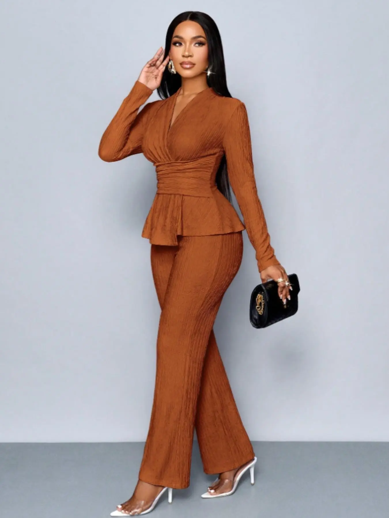 Women's Apricot Color Elegant Chic Fitted V Neck Long Sleeve Knit T-Shirt And Wide Leg Pants Two Piece Set Suits, Asymmetrical Hem Two-Piece Outfits, Casual Everyday Daily Wear Womenswear Clothes