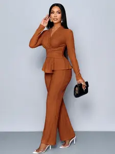 Women's Apricot Color Elegant V Neck Long Sleeve T-Shirt And Wide Leg Pants Two Piece Set, Asymmetrical Hem Two-Piece Outfits, Casual Daily Wear