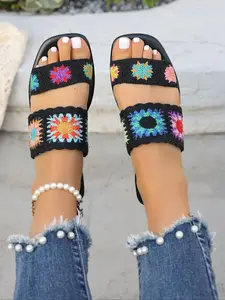 Women's Boho Style Embroidered Design Slides, Casual Trendy Flower Decor Slides, Fashionable Slides for Beach Vacation, Casual Slippers, Footwear