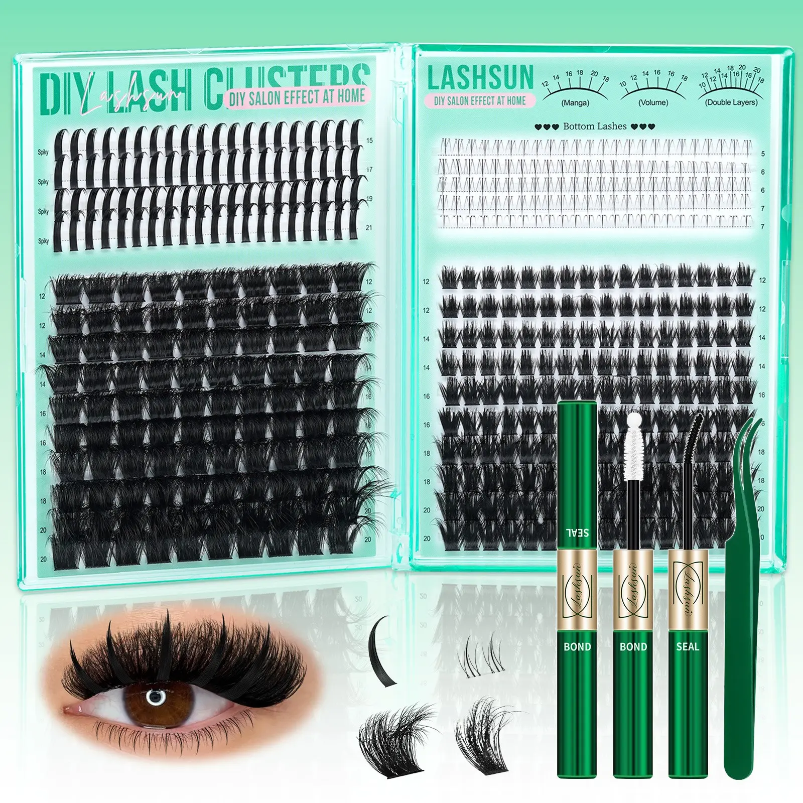 Lashsun 400PCS 4 Styles D Curl DIY Eyelash Clusters Kit, 200D+100D Volume Lash Clusters with Spikes Lashes, Bottom Lashes, Fluffy Lashes, Longer Looking Eyelashes, Eyelash Extensions Mixed Length 5-21mm, Set With Lash Bond and Seal Tweezers