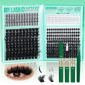 Lashsun 400PCS 4 Styles D Curl DIY Eyelash Clusters Kit, 200D+Mega 100D Volume Lash Clusters with Spikes Lashes Bottom Lashes Wispy Cluster Eyelash Extensions Kit Mixed Length 5-21mm, Kit With Lash Bond and Seal Tweezers, DIY at Home Easily, Easy to Apply