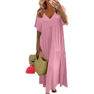 Linen Dresses for Women 2025 Trendy Summer Plus Size Maxi Dress Casual Loose V Neck Boho Flowy Beach Vacation Outfits