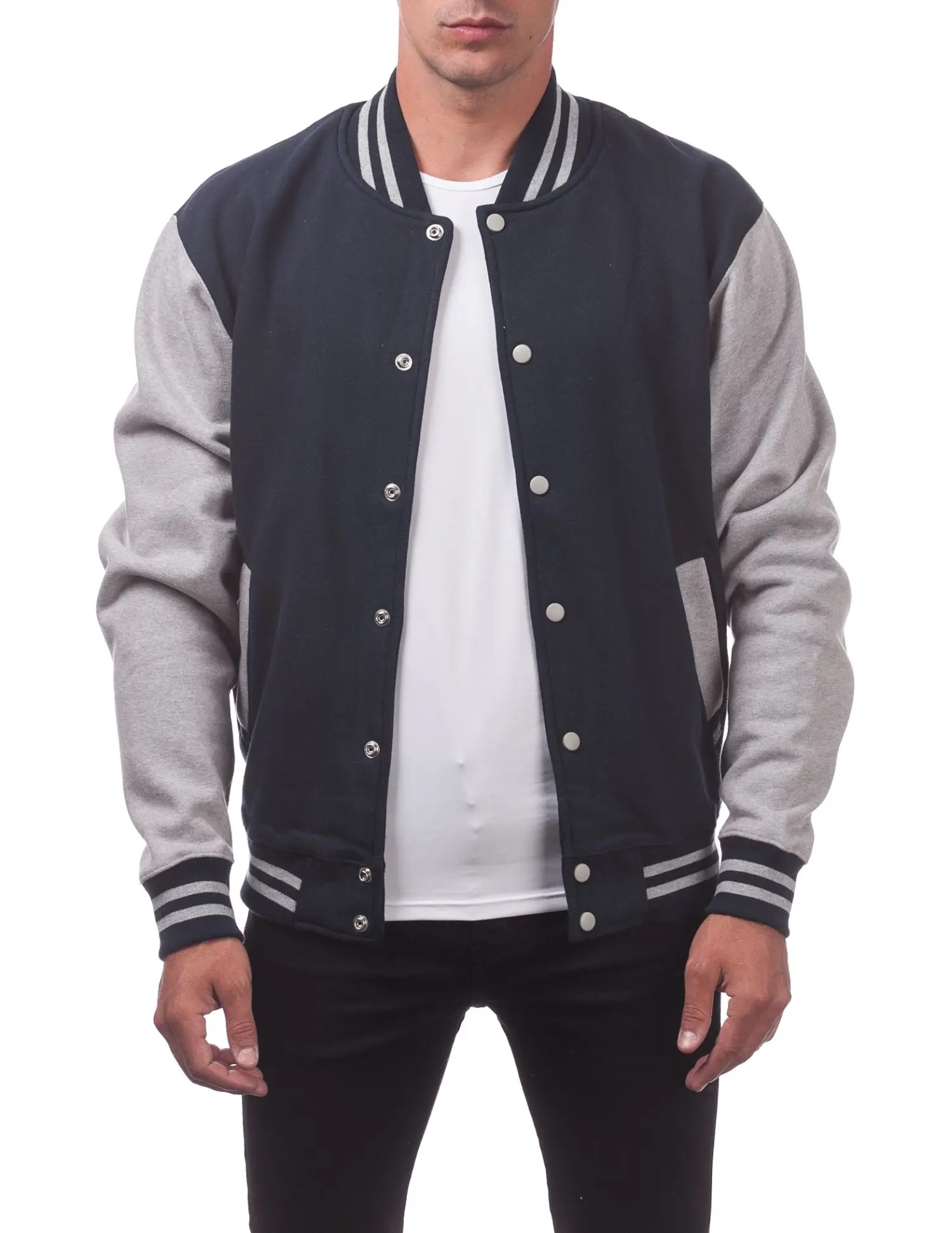 Pro Club Men's Varsity Heavyweight Fleece Baseball Jacket - Navy Blue/Heather Gray - Small, Fabric, Sleeves, Menswear