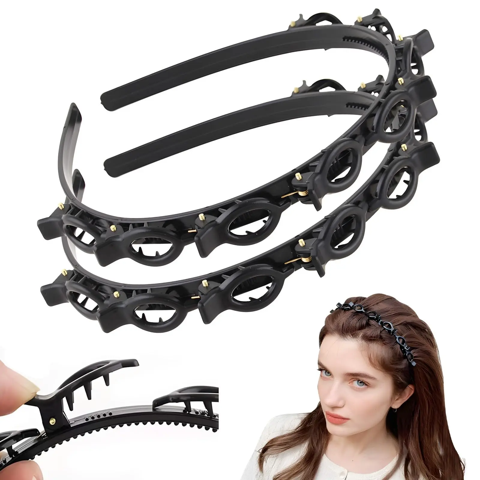 Double-layer Hollow Out Braided Hair Hoop, 2 Counts Hairstyles Plastic Headbands with Alligator Clip, Headband with Clips, No Slip Headbands, Workout Hairband, Hair Accessories for Women & Girls, Headwear Suitable for Gym Workout