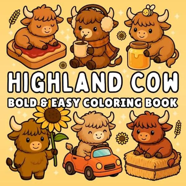 Highland Cow Bold and Easy Coloring Book + 50 Fun Facts: for Kids, Teens & Adults of Cute Cows in Cozy Everyday & Magical Scenes for Relaxation and Stress Relief (Cozy & Easy Coloring)