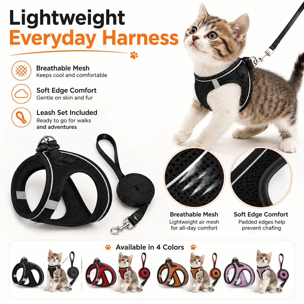 Escape Proof Cat Leash & Everyday Harness Set (Up to ≤13 Lbs) - Adjustable, Reflective, Soft Mesh Vest for Safe Walks and Adventures, Leash & Harness Included