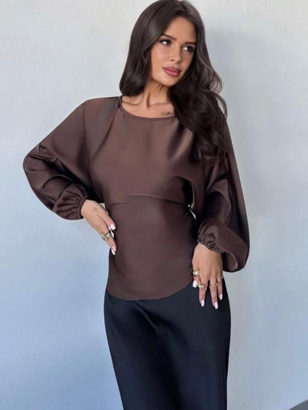 Elegant Satin Lantern Sleeve Top Blouse, Back Tie Waist Design, Round Neck, Perfect for Commuting and Dates, High-End Style Elegant Satin Lantern Sleeve Top Blouse, Back Tie Waist Design, Round Neck, Perfect for Commuting and Dates, High-End Style