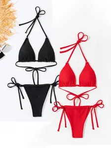 Mix & Match Sizing Solid Color Bikini Tops/Bottoms Bikini Set, Casual Halter Neck Tie Back Triangle Cup Swim Bra, Tie Side Swim Thong, Summer Clothes Women, Women's Swimsuit Sets for Holiday Vacation, Bathing Suits 2024 for Women
