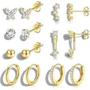 Glamorous 7 Pairs Golden Diverse Chunky Ear Studs Hoops for Women Men Hypoallergenic Copper Surgical Stainless Steel Stud Hoop Earrings for Multiple Piercing Jewelry Set Trendy Small Hoops Cartilage Earring Stacks Huggie Earring Set