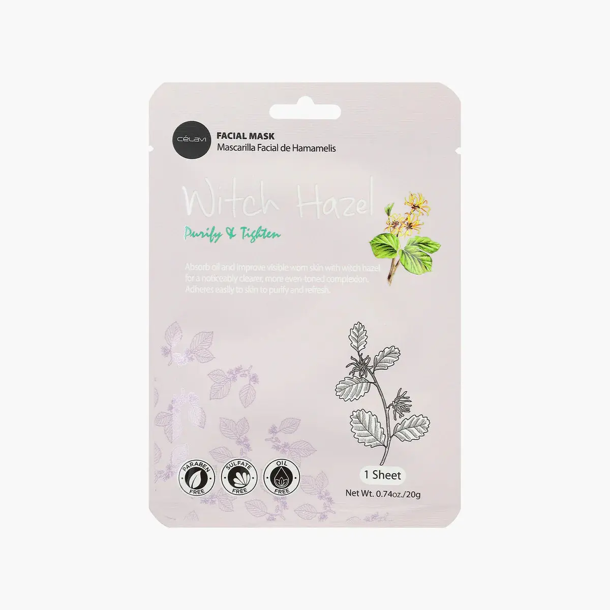 Celavi Witch Hazel Facial Sheet Mask (MK026) - Single Item Unisex Treatment for Normal Skin, Skin Repair, Revitalization