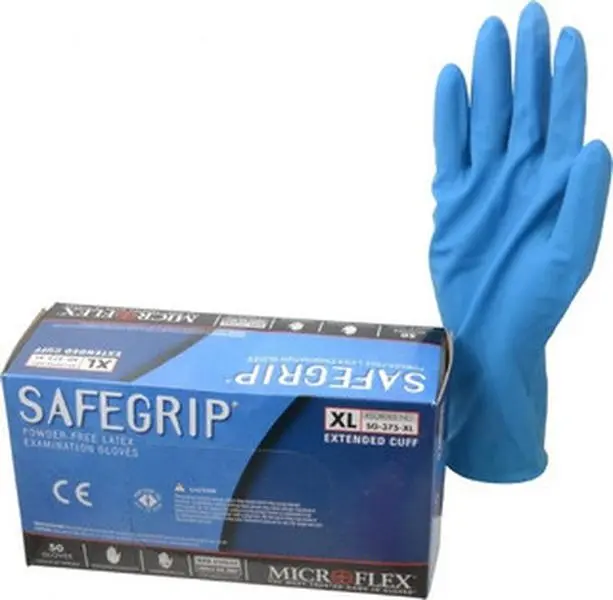 Microflex Disposable Latex Medical Grade Cleaning Gloves, XL Size, 11 mil, Powder-Free, 12" Long, Blue, Textured Beaded Rolled Cuffs, Non-Slip, Ambidextrous, SG-375-XL