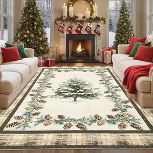 Christmas Gift Retro Creative Christmas Tree Pinecone Pattern Large Size Boho Runner Rug Living Room Bedroom Carpet Mat, Washable Foldable Non-Slip Easy Clean